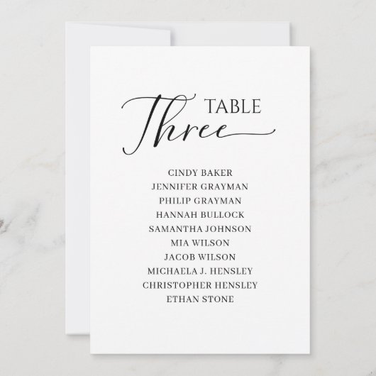 黒いエレガントスクリプトテーブル番号3シーティンググラフ 招待状 (裏面)