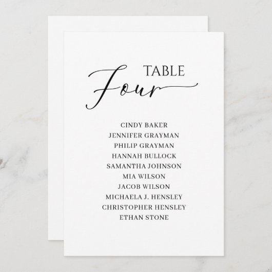 黒いエレガントスクリプトテーブル番号4シーティンググラフ 招待状 (正面/裏面)
