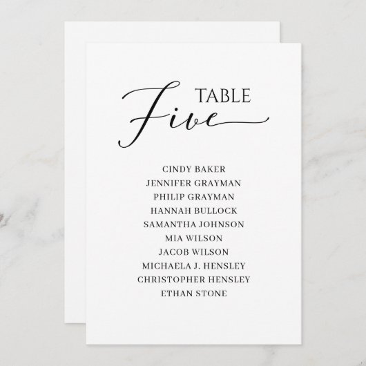 黒いエレガントスクリプトテーブル番号5シーティンググラフ 招待状 (正面/裏面)