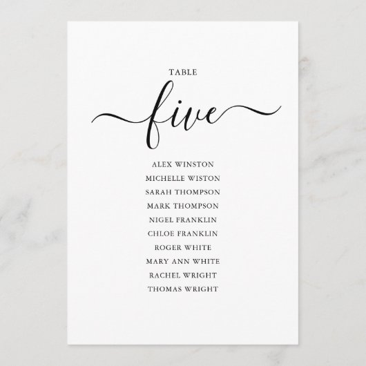 黒いエレガントスクリプトテーブル番号5シーティンググラフ 招待状 (裏面)