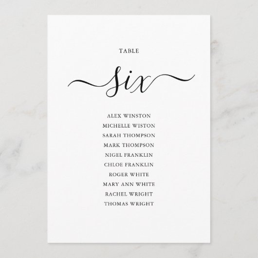 黒いエレガントスクリプトテーブル番号6シーティンググラフ 招待状 (裏面)