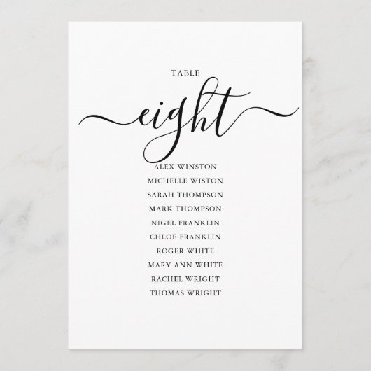 黒いエレガントスクリプトテーブル番号8シーティンググラフ 招待状 (裏面)