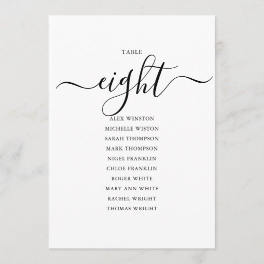 黒いエレガントスクリプトテーブル番号8シーティンググラフ 招待状 (正面)