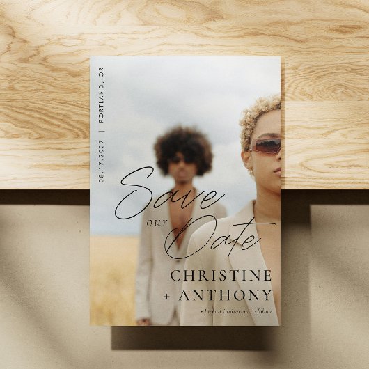 黒いエレガントスクリプト写真の日付カードを保存 セーブザデート