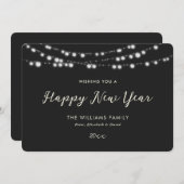 黒いエレガントストリングライトハッピーニューイヤーカード シーズンカード (正面/裏面)
