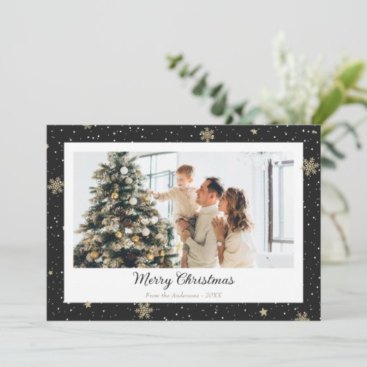 黒いエレガントスノーフレーク写真メリークリスマス シーズンカード (スタンド正面)