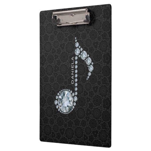 黒いエレガントダマスクとダイヤモンドのノート クリップボード (左)