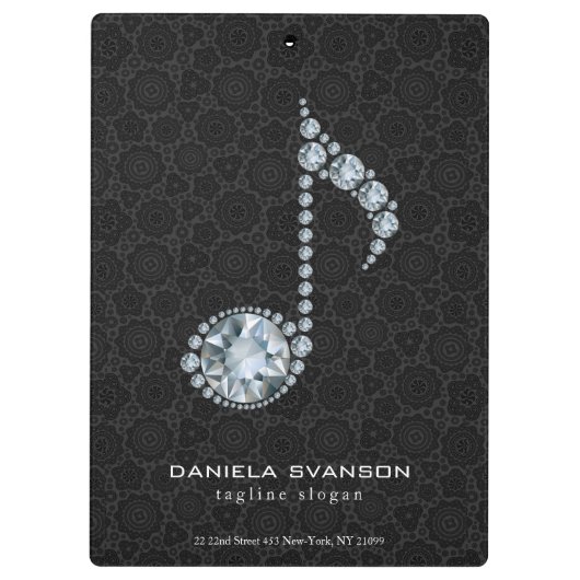 黒いエレガントダマスクとダイヤモンドのノート クリップボード (裏面)