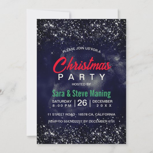 黒いエレガントネイビー大理石アートグリッター 招待状 (正面)