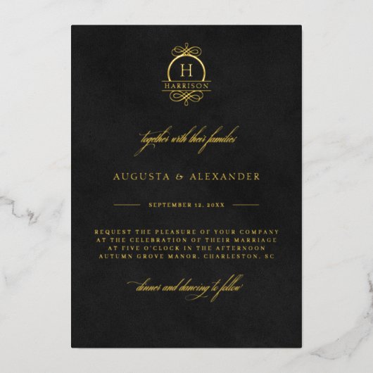 黒いエレガントビロードのテクスチャー結婚模倣 箔招待状 (正面)