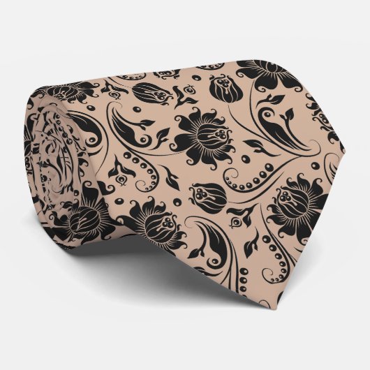 黒いエレガントフローラダマスクの黄褐色の背景 ネクタイ (ロール)