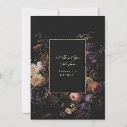 黒いエレガントロマンチックな結婚花 サンキューカード (正面)