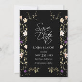 黒いエレガントワイルドフラワーウェディング日付を保存 招待状 (正面)