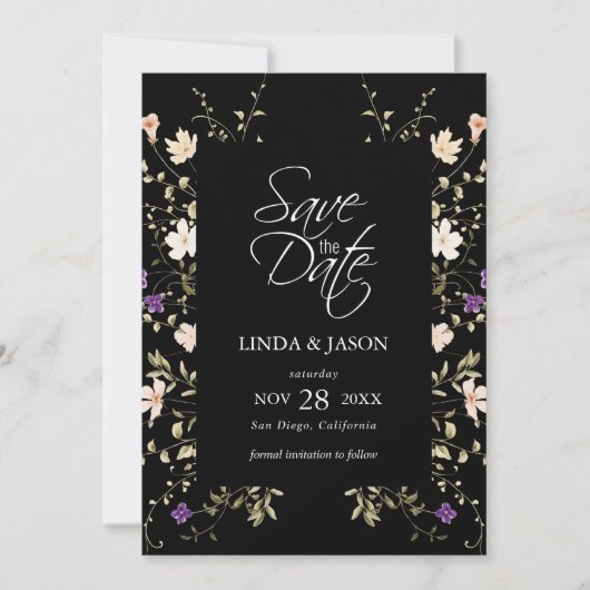 黒いエレガントワイルドフラワーウェディング日付を保存 招待状 (正面)