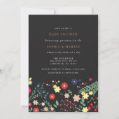 黒いエレガントワイルドフラワー柄ベビーシャワー 招待状 (正面)