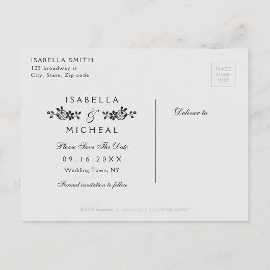 黒いエレガントヴィンテージレース結婚式は日付を保存 案内ポストカード (裏面)