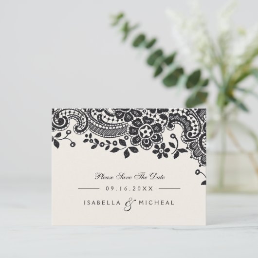 黒いエレガントヴィンテージレース結婚式は日付を保存 案内ポストカード (スタンド正面)