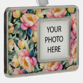 黒いエレガント写真の水彩牡丹 シルバープレートフレームオーナメント (右)