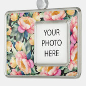 黒いエレガント写真の水彩牡丹 シルバープレートフレームオーナメント (左)