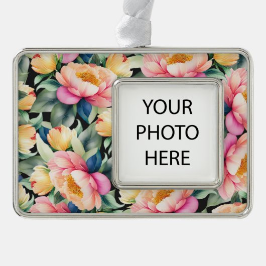 黒いエレガント写真の水彩牡丹 シルバープレートフレームオーナメント (正面)