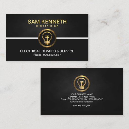 黒いエレガント列の金ゴールド電球の電気技師 名刺 (正面/裏面)