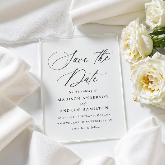 黒いエレガント書道結婚式の日付を保存 アクリル招待状