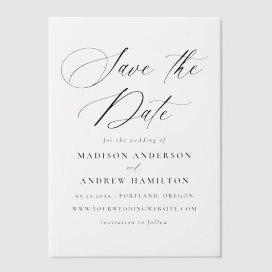 黒いエレガント書道結婚式の日付を保存 ベラム紙招待状 (正面)