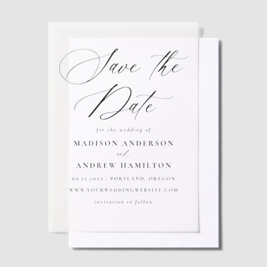 黒いエレガント書道結婚式の日付を保存 ベラム紙招待状 (オフセット)