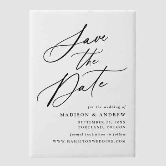 黒いエレガント書道結婚式の日付を保存 ベラム紙招待状 (正面)