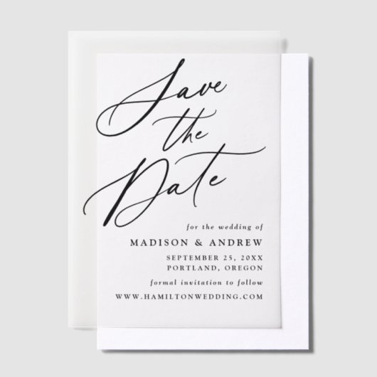 黒いエレガント書道結婚式の日付を保存 ベラム紙招待状 (オフセット)