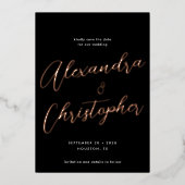 黒いエレガント書道結婚式の日付を保存 箔招待状 (正面)