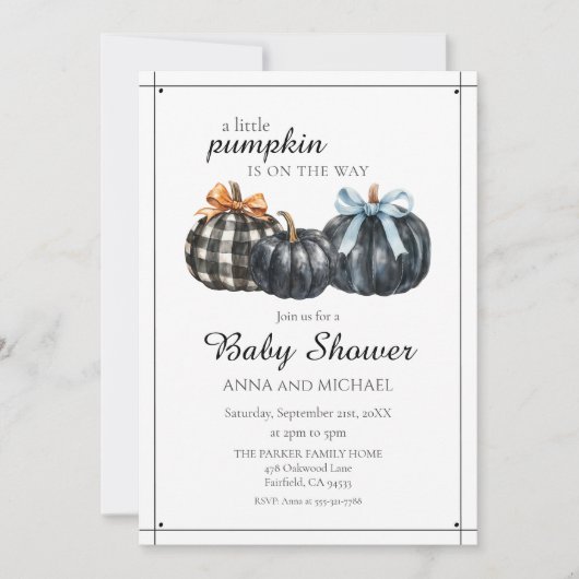 黒いエレガント水色かぼちゃの赤ちゃんシャワー 招待状 (正面)