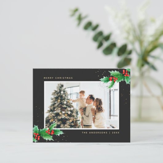 黒いエレガント水色ホリー写真クリスマス シーズンポストカード (スタンド正面)