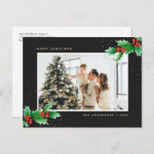 黒いエレガント水色ホリー写真クリスマス シーズンポストカード (正面/裏面)