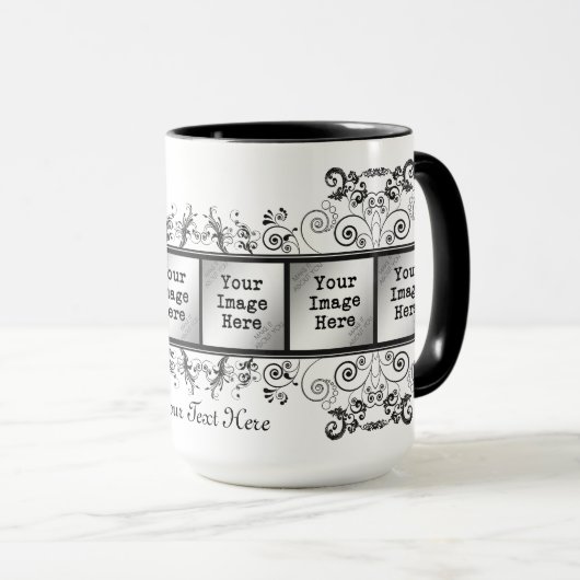 黒いエレガント花模様6フォトフレーム マグカップ (正面右)