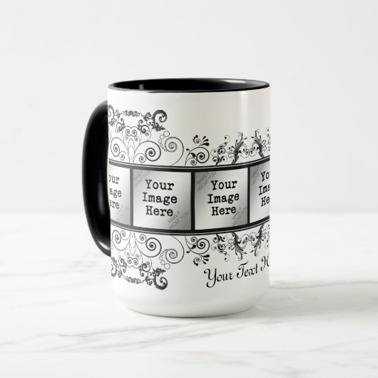 黒いエレガント花模様6フォトフレーム マグカップ (正面左)