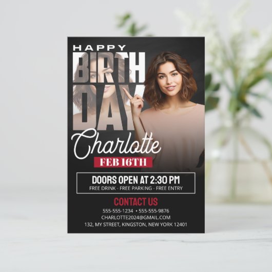 黒いエレガント誕生日パーティーフライヤーと写真 招待状 (スタンド正面)
