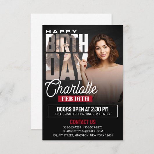 黒いエレガント誕生日パーティーフライヤーと写真 招待状 (正面/裏面)