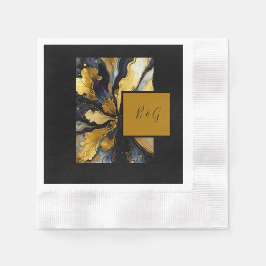 黒いエレガント金ゴールドが大理石結婚を食べた 縁ありカクテルナプキン (正面)