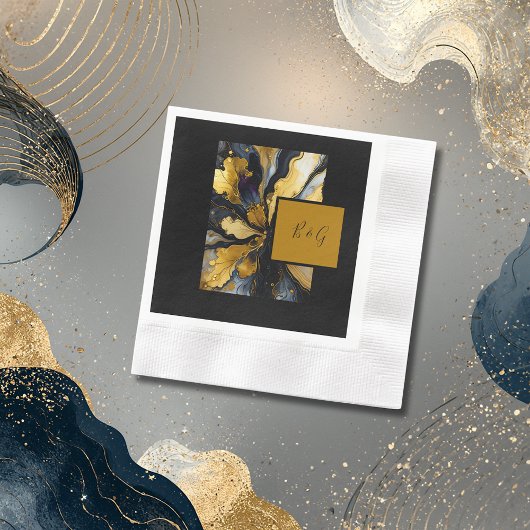 黒いエレガント金ゴールドが大理石結婚を食べた 縁ありカクテルナプキン