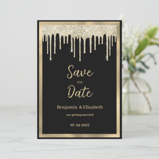 黒いエレガント金ゴールドグリッターが乾燥する日付を保存 招待状 (スタンド正面)