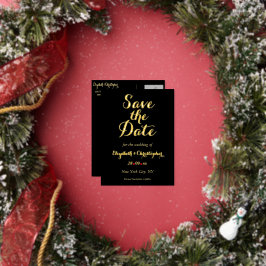 黒いエレガント金ゴールドフェイク結婚式の日付を保存 箔招待状ポストカード