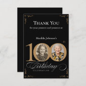 黒いエレガント金ゴールド写真100th誕生日パーティー サンキューカード (正面/裏面)