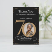 黒いエレガント金ゴールド写真70th誕生日パーティー サンキューカード (スタンド正面)