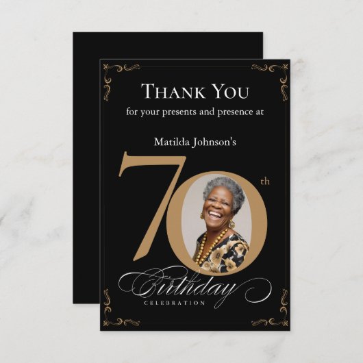 黒いエレガント金ゴールド写真70th誕生日パーティー サンキューカード (正面/裏面)