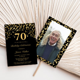 黒いエレガント金ゴールド写真70th誕生日パーティー 招待状