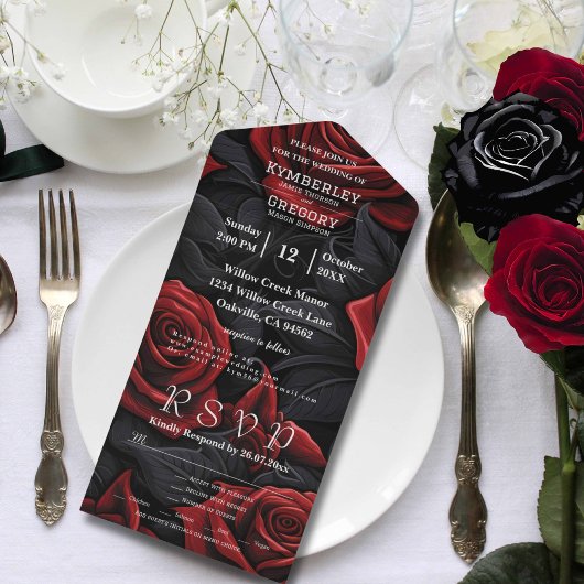 黒いエレガント電子メールの暗赤色ゴシックフローラバラ オールインワン招待状