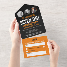 黒いオレンジ色の写真丸70番目の誕生日  オールインワン招待状