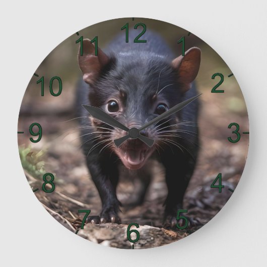 黒いオーストラリアの若いタスマン風の悪魔 ラージ壁時計 (正面)