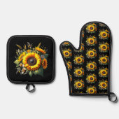 黒いオーブンミットとポットホルダーのひまわり 鍋つかみ&鍋敷きセット (正面)